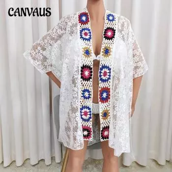 Плюс размер женский ручной крючок шитье кружево сексуальный перспектива защита от солнца пляжный кардиган халат one size белый