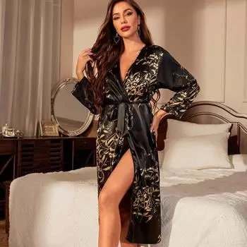 Плюс Размер Женский Сексуальный Халат На Шнуровке С Принтом И Длинными Рукавами Домашняя Одежда Простая Модная Пижама Халат Из Ледяного Шелка S чёрный