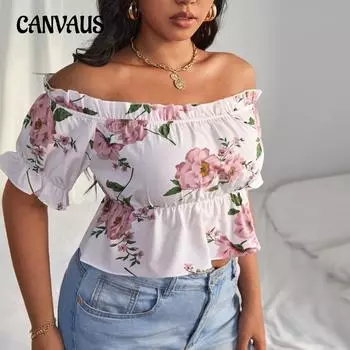 Плюс Размер Женский Сексуальный Воротник Одной Линии Темперамент Цветочный Короткий Рукав Короткий Топ 0XL белый