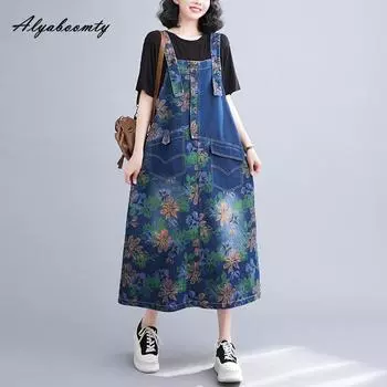 Плюс размер женский синий цветочный принт джинсовый сарафан подтяжки контрастного цвета с разрезом без рукавов повседневное свободное винтажное стильное платье миди M