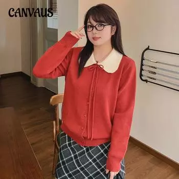 Плюс размер женский стареющий кукольный воротник сладкий топ осень и зима свободный ленивый вязаный свитер XL чёрный