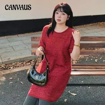 Плюс Размер Женский Стиль Свободный Прямой Штаны Короткие Рукава Трикотажное Платье XL красный