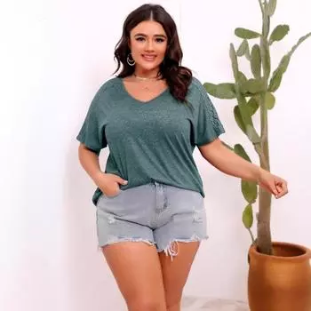 Плюс Размер Женский Свободный Ажурный Кружевной Сращивание Однотонный Топ С V-образным Вырезом И Короткими Рукавами 0XL серый/зелёный