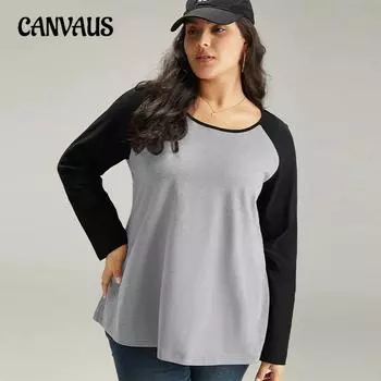 Плюс Размер Женский Свободный Цветной Сращивание Дизайн Sense Niche Повседневный Длинный Рукав Топ 1XL серый