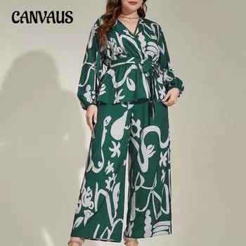 Плюс Размер Женский Свободный Ретро Цветочный V-образный вырез Темперамент Пригородный Литературный Напечатанный Рубашка Брюки Костюм 0XL мох зеленого