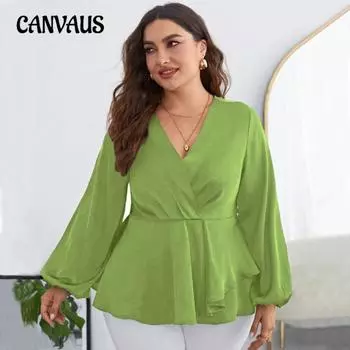 Плюс Размер Женский Темперамент Однотонный Шифоновый Топ с Длинными Рукавами и V-образным Вырезом 1XL чёрный