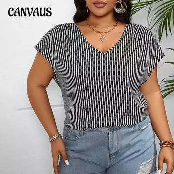Плюс Размер Женский Темперамент Полосатый Летний Топ с Короткими Рукавами V-образным Вырезом 1XL