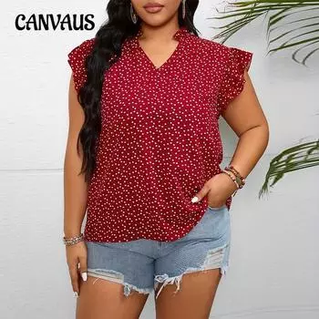 Плюс Размер Женский Темпераментный Горошек Принт Оборками Короткий Рукав V-образный Вырез Свободный Топ 1XL