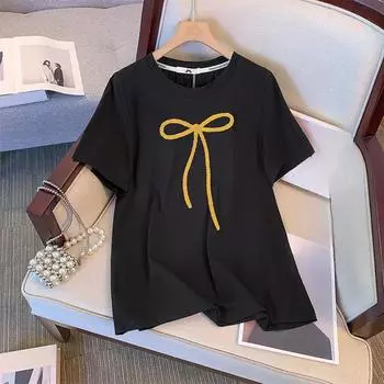 Плюс Размер Женский Тонкий Модный Бантик Принт Все Короткие Рукава Простой Топ 2XL белый