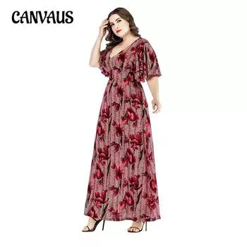 Плюс Размер Женский Трикотаж Новое Макси Платье С Принтом V-образным Вырезом XL коричневый