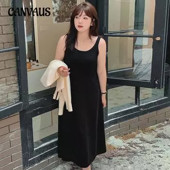 Плюс Размер Женский U-образный вырез снизу Трикотажный Сарафан Свободного Покроя XL чёрный