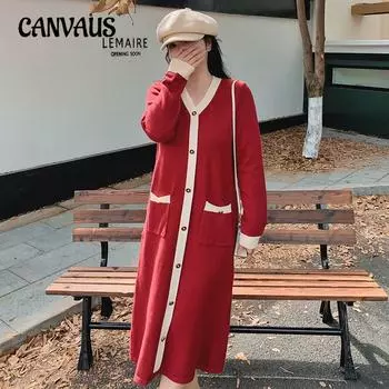 Плюс Размер Женский V-образный вырез Контрастный цвет свитер Темперамент Длинная юбка Платье XL чёрный