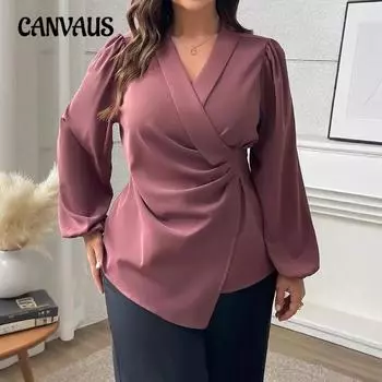 Плюс Размер Женский V-образный вырез Талия утягивающий кружевной плиссированный топ с длинными рукавами 0XL фиолетовый