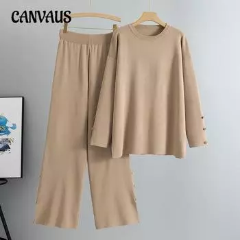 Плюс Размер Женский Весенний Однотонный Трикотажный Свитер Новый Свободный Модный Повседневный Комплект Из Двух Частей one size хаки
