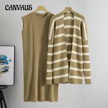 Плюс Размер Женский Весенний Повседневный Свободный Средней Длины Полосатый Свитер Трикотажный Платье Комплект Из Двух Частей one size хаки