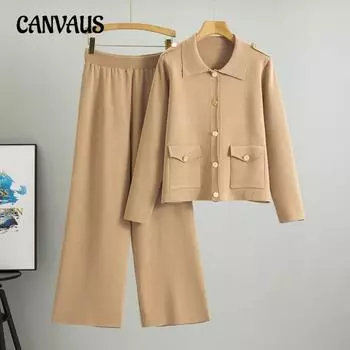 Плюс Размер Женский Весенний Свободный Модный Повседневный Трикотажный Свитер Кардиган Комплект Из Двух Частей one size хаки