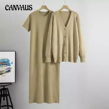 Плюс размер Женский Весна и Осень Свободное Платье Гладильная Дрель Трикотажный Кардиган Топ Повседневный Модный Костюм Из Двух Частей One Size хаки