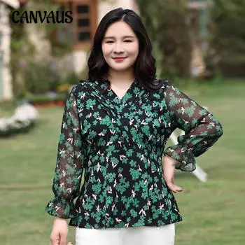 Плюс Размер Женский Весна Новый Шифоновый Цветочный Раструб Рукава Темперамент V-образный Вырез Топ 2XL