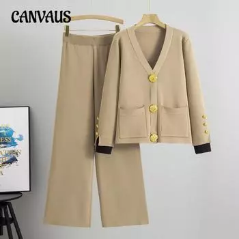 Плюс Размер Женский Весна Новый Свободный Трикотажный Свитер Повседневные Штаны Комплект Из Двух Частей one size хаки