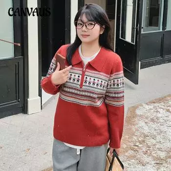 Плюс Размер Женский Винтаж Жаккард Осень Новый Рождественский Вязаный Свитер XL чёрный