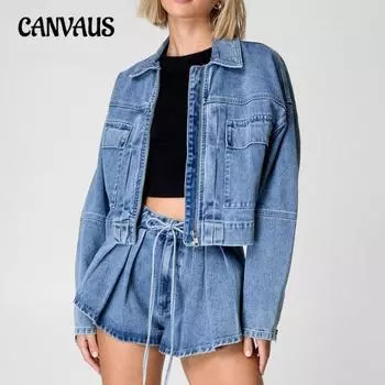 Плюс размер Женский весенний новый длинный рукав джинсовая куртка свободный повседневный многокарманный комплект шорт карго S синий