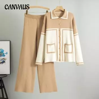 Плюс размер женский весенний новый лацкан цветной контрастный модный повседневный свободный вязаный кардиган из двух частей комплект one size хаки