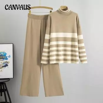 Плюс размер женский весенний новый водолазка свободный повседневный модный полосатый трикотажный костюм из двух частей one size хаки