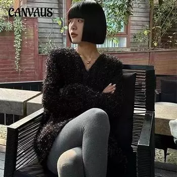 Плюс Размер Женский Яркий Шелковый Дизайн Sense of Foreign Air Утягивающий Темперамент V-образный Вырез Длинный Рукав Топ L чёрный