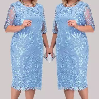 Плюс размер женское элегантное кружевное платье миди вечернее коктейльное облегающее платье 2XL небесно-голубой