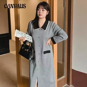 Плюс Размер Женское Цвет Контрастное Разделение Прямой Труба Платье Свитер XL серый