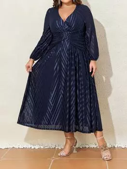 Плюс размер Женское длинное рукав V-образный вырез однотонное вечернее платье Женское простое сетчатое элегантное темно-синее свободное платье Сарафан 1XL-6XL 1XL темно-синий