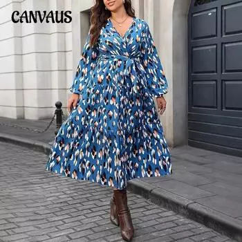 Плюс Размер Женское Длинный Рукав Новый Принт V-образный Вырез Оборками Рукава Фонарика Платье 0XL синий