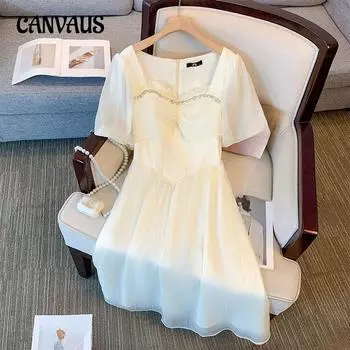 Плюс Размер Женское Летнее Ароматное Качество Высокая Талия Средней Длины Платье XL белый