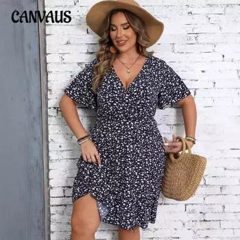Плюс Размер Женское Летнее Цветочное Модное Платье с V-образным Вырезом и Короткими Рукавами 0XL