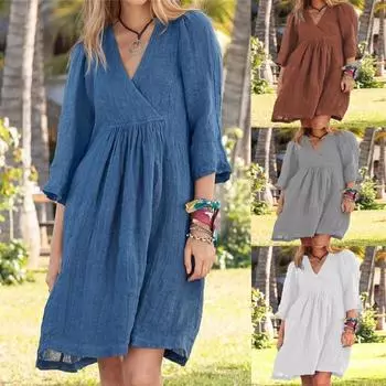 Плюс Размер Женское Летнее Хлопковое Льняное Платье Однотонное Свободное Элегантное Вечернее Миди Платье Повседневное Праздничное Пляжное Платье M серый
