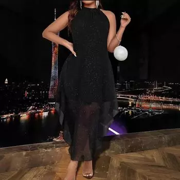 Плюс Размер Женское Летнее Элегантное Шифоновое Облегающее Платье Холтер Без Рукавов Длинное Платье Трапеции L чёрный