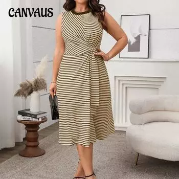 Плюс Размер Женское Летнее Элегантное Высокое Талия Круглый Вырез Свободное Полосатое Платье 1XL чёрный