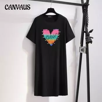 Плюс Размер Женское Летнее Короткий Рукав Новое Свободное Повседневное Прямое Платье Средней Длины XL чёрный