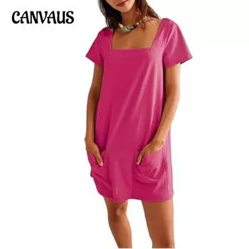 Плюс Размер Женское Летнее Квадратный Воротник Короткий Рукав Модный Карман Повседневный Короткое Платье S чёрный