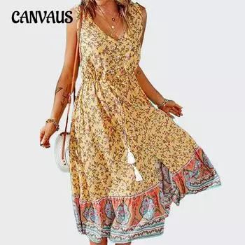 Плюс Размер Женское Летнее Модное Цветочное Платье-Комбинация с Глубоким V-образным Вырезом 1XL
