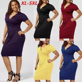 Плюс размер женское летнее модное платье с v-образным вырезом женское сексуальное цельное однотонное платье с короткими рукавами XL чёрный
