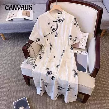 Плюс размер Женское летнее новое китайское платье-ципао с цветочным принтом Новый стиль высококачественного темпераментного платья 2XL абрикосовый