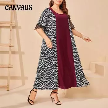 Плюс Размер Женское Летнее Новое Лоскутное Свободное Модное Круглое Вырез Кружева Короткие Рукава Платье 0XL бордовый