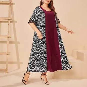 Плюс Размер Женское Летнее Новое Лоскутное Свободное Модное Круглое Вырез Кружева Короткие Рукава Платье 0XL бордовый