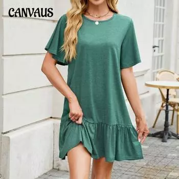 Плюс Размер Женское Летнее Новое Однотонное Круглое Шея Свободное Короткий Рукав Плиссированное Платье S чёрный