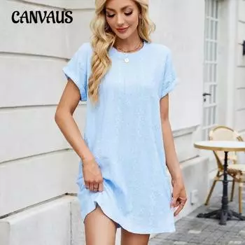 Плюс Размер Женское Летнее Новое Однотонное Круглый Вырез Свободный Короткий Рукав Карман Платье S чёрный