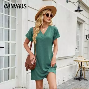 Плюс Размер Женское Летнее Новое Однотонное V-образное Вырезом Свободное Короткие Рукава Повседневное Платье S чёрный