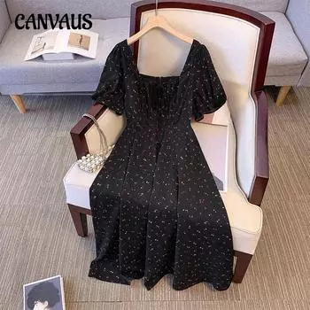 Плюс Размер Женское Летнее Новое От Кутюр Ретро Квадратный Воротник Цветочное Платье 2XL чёрный