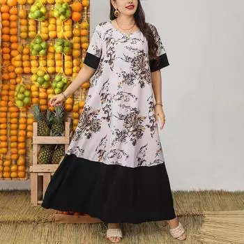 Плюс Размер Женское Летнее Новое Повседневное Темпераментное Цветное Лоскутное Принт Платье Свободного Покроя 0XL белый