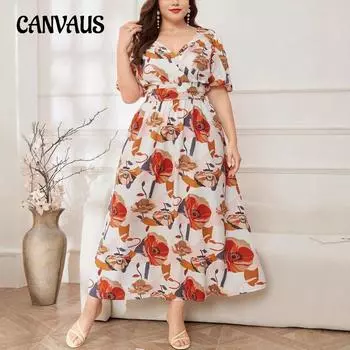 Плюс Размер Женское Летнее Новое Принт Красной Розы Ретро Романтическое V-образный Вырез Талия Утягивающее Темпераментное Платье 0XL белый